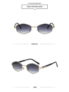 Detail view of gold hexagonal sunglasses with gray gradient lenses from positive and side angles
