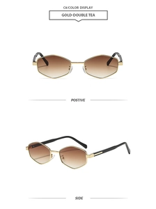 Detailed front and side views of gold metal polygonal sunglasses with tea gradient lenses