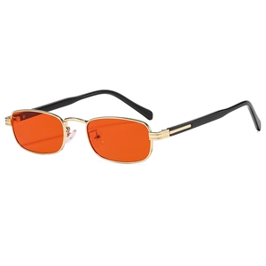 Retro rectangle sunglasses with gold metal frame and orange lenses, 45-degree front view