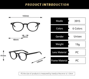 Detailed size guide and product dimensions for unisex round frame rivet glasses model 3915