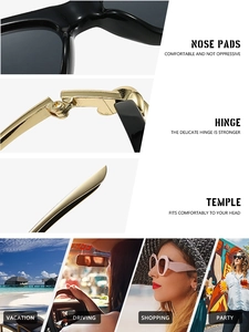 Détail de lunettes de soleil œil de chat avec charnières dorées et plaquettes confort