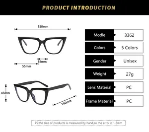 Detailed size chart for vintage square glasses frame showing dimensions and unisex design