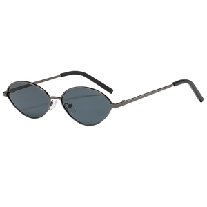 Retro small oval metal sunglasses with dark grey lenses and gunmetal slim frames