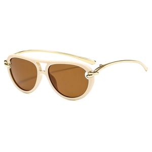 Modern knot aviator sunglasses in cream frame with gold metal temples and brown lenses