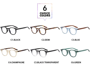 Classic round rivet glasses frames shown in six assorted trendy colors and finishes