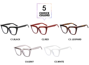 Flat view of retro square eyeglasses in five colors with anti-blue light lenses
