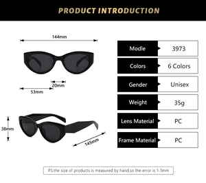 Detailed specs of cat-eye sunglasses with PC frame and dimensions for unisex style