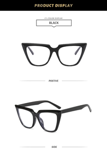 Close-up views of glossy black square oversized frames with clear lenses from multiple angles