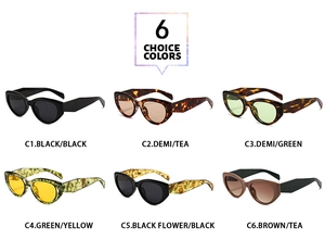 Six stylish cat-eye sunglasses options in various colors and floral patterns displayed in a grid