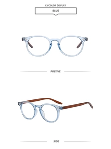 Close-up of blue transparent round frames with brown temples and metal rivet details