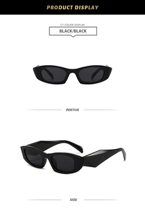 Detailed views of chunky black cat eye sunglasses featuring wide geometric temples