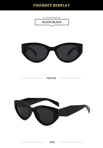 Front and side profile display of sleek black cat-eye sunglasses with thick frames