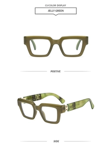 Dettaglio della montatura quadrata verde gelatina con design retrò a bordo spesso