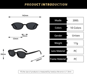 Detailed dimensions of oval retro sunglasses with PC frame and metallic rivet accents