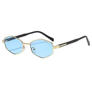 Modern hexagonal gold metal sunglasses with light blue lenses for a retro street style look