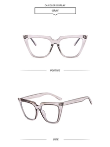 Detail view of transparent grey cat-eye glasses frames with subtle model engraving