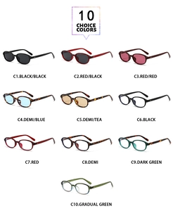 Multiple color variations of vintage oval sunglasses in a professional grid display