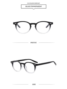 Detail of round frame rivet glasses in black transparent gradient finish and side view