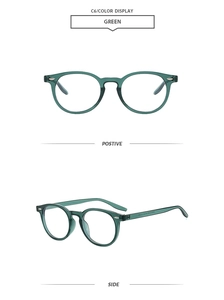 Detail view of green classic round frame glasses with diamond rivets in positive and side angles