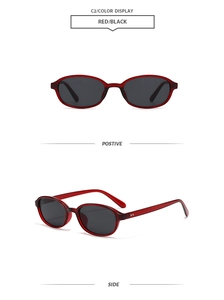 Detail view showing red translucent oval frames and grey lenses from two different angles