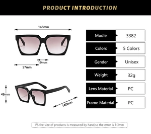 Detaillierte Größenparameter der klassischen quadratischen Übergroße Sonnenbrille
