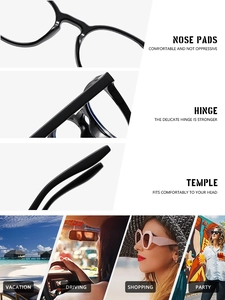 Detail of reinforced hinges, comfortable nose pads and ergonomic lifestyle scenes