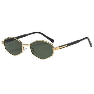 Modern hexagonal gold metal sunglasses with dark UV lenses and black ergonomic temples