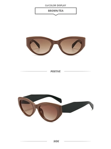 Detailed front and side views of vintage cat eye sunglasses in brown and tea tones