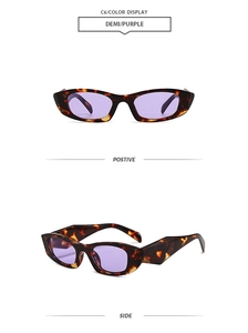 Detail view of demi textured frames and purple lenses on stylish cat eye sunglasses