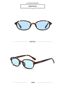 Detail view of oval tortoiseshell sunglasses with light blue lenses from front and side angles