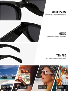 Detailed views of cat eye sunglasses showing reinforced hinges and nose pads for comfort