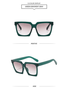 Detail der quadratischen grünen transparenten Sonnenbrille mit Verlaufsgläsern von der Seite