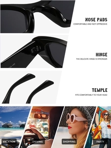 Detail of sturdy metal hinges and integrated nose pads on black cat-eye sunglasses