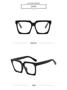 Detaillierte Vorder- und Seitenansicht der klassischen schwarzen quadratischen Sonnenbrille