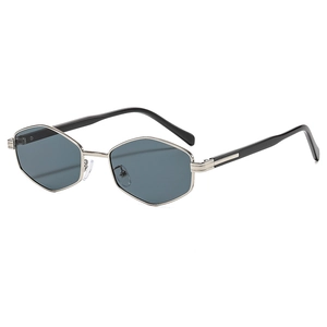 Geometric polygonal metal sunglasses with silver frame and dark UV protective lenses