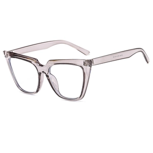 Fashionable retro square grey transparent oversized cat-eye glasses frame shown at 45-degree angle