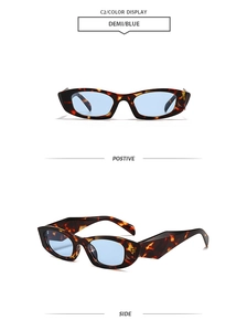 Detail view of demi frames with blue lenses showing side and front angles of sunglasses