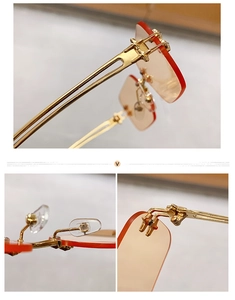 Detail view of rimless orange sunglasses with gold metal hollow temples and soft nose pads