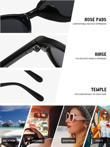 Detail of sturdy metal hinges and integrated nose pads on retro oval sunglasses