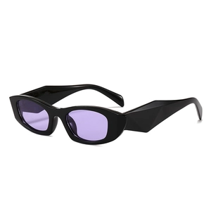 Futuristic cat-eye sunglasses with thick black frames and purple lenses in a 45-degree view