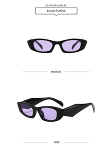 Detail of black small-frame sunglasses with purple lenses and wide geometric temples