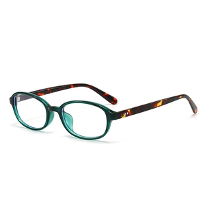 Retro oval sunglasses with dark green frames and tortoise shell temples on white background