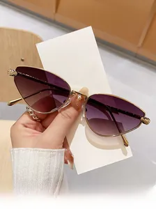Detail of gold metal cat-eye sunglasses with leopard head accent and gradient purple lens