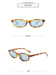 Detailed view of oval tortoiseshell sunglasses with translucent light blue lenses