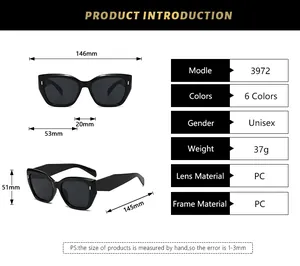 Detailed size chart for retro oversized sunglasses showing frame dimensions and PC material