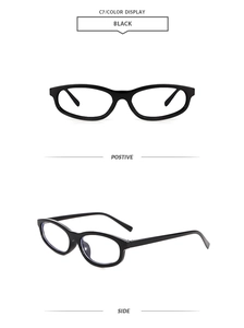 Front and side views of black oval sunglasses featuring minimalist lightweight frames