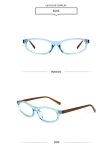 Detailed views of narrow blue rectangular sunglasses showing front and side perspectives