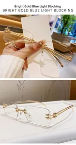 Detail view of gold rimless anti-blue light glasses with star hinges and sleek temples