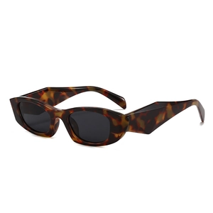 Retro tortoise shell sunglasses with wide irregular geometric temples and dark lenses