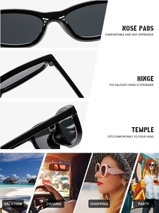 Detail view of wide temples, integrated nose pads and durable hinges of black sunglasses